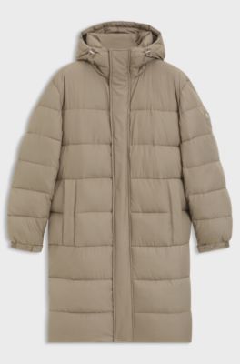 Long-length water-repellent puffer jacket with concealed closure, Light Brown