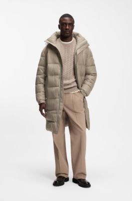 Long-length water-repellent puffer jacket with concealed closure, Light Brown