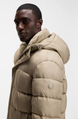 Long-length water-repellent puffer jacket with concealed closure, Light Brown
