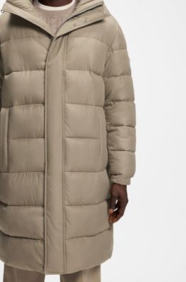 Long-length water-repellent puffer jacket with concealed closure, Light Brown