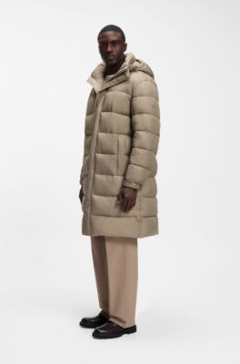 Long-length water-repellent puffer jacket with concealed closure, Light Brown