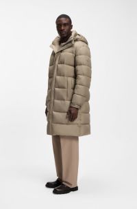 Long-length water-repellent puffer jacket with concealed closure, Light Brown