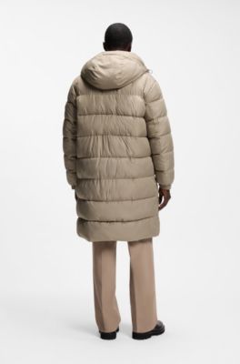 Long-length water-repellent puffer jacket with concealed closure, Light Brown