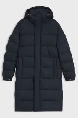 Long-length water-repellent puffer jacket with concealed closure, Dark Blue