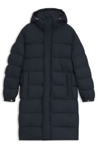 Long-length water-repellent puffer jacket with concealed closure, Dark Blue