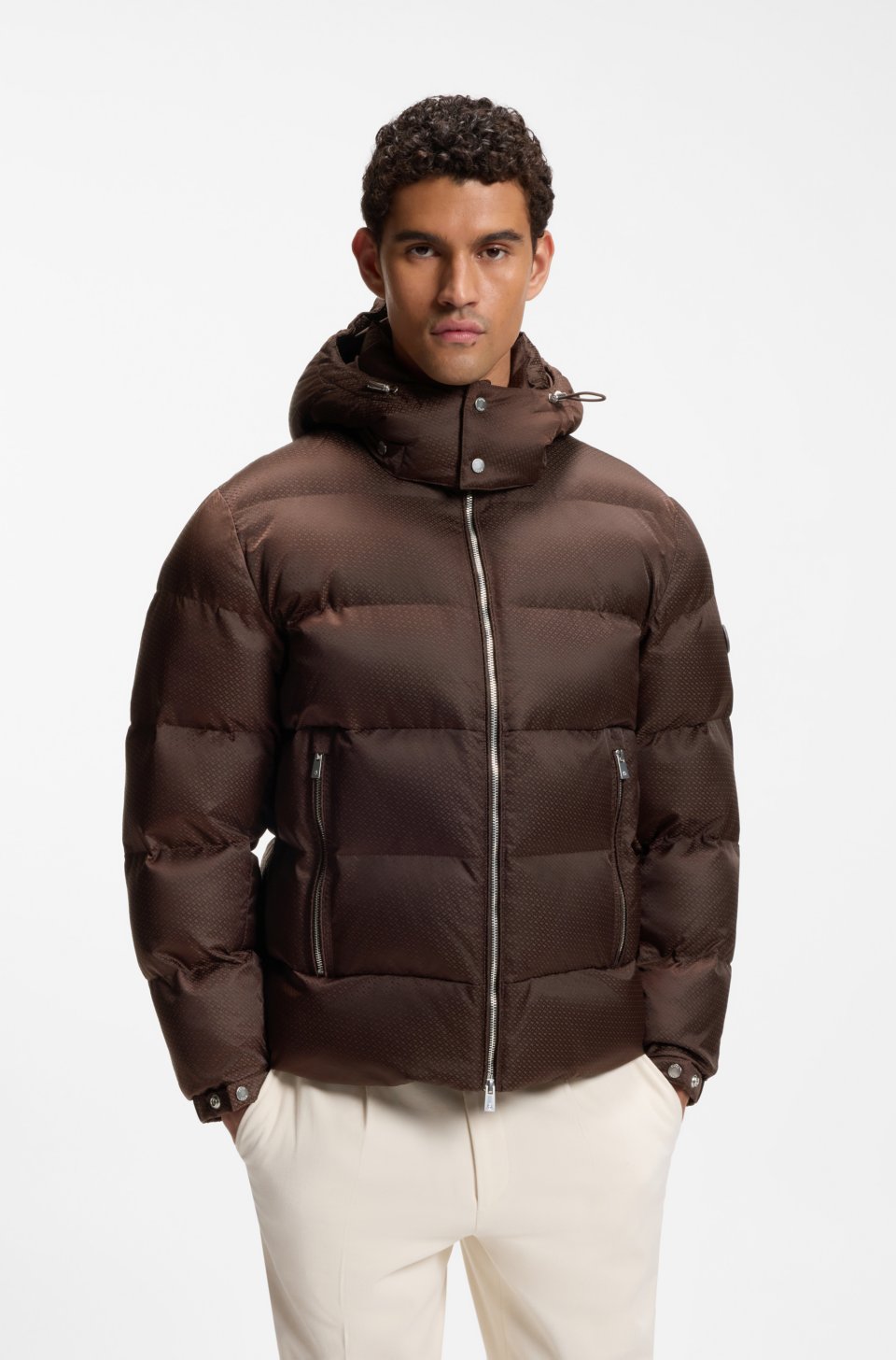 Water-repellent padded jacket with micro-monogram jacquard