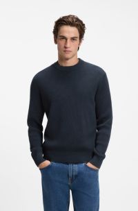 Cotton-blend sweater with ribbed knit, Dark Blue