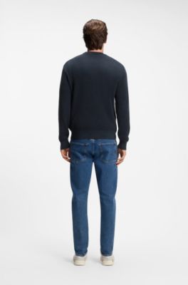 Cotton-blend sweater with ribbed knit, Dark Blue