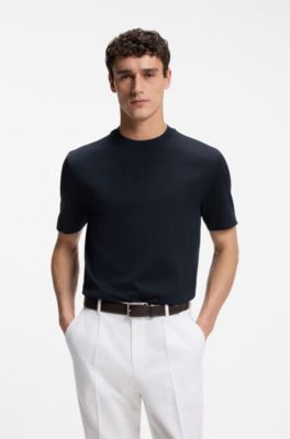 Regular-fit T-shirt in cotton with raised jacquard structure, Dark Blue