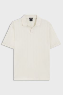 Cotton-jacquard polo shirt with Johnny collar, Natural