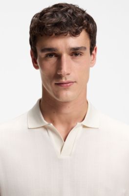 Cotton-jacquard polo shirt with Johnny collar, Natural