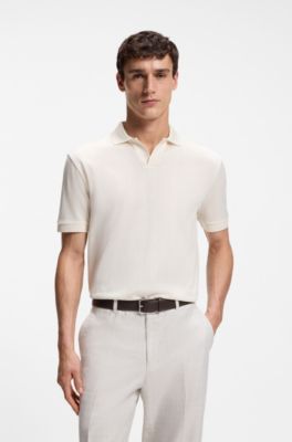 Cotton-jacquard polo shirt with Johnny collar, Natural