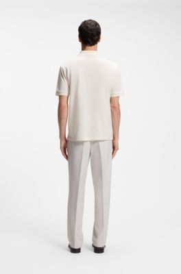 Cotton-jacquard polo shirt with Johnny collar, Natural