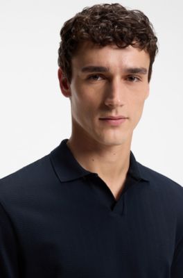 Cotton-jacquard polo shirt with Johnny collar, Dark Blue