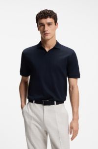 Cotton-jacquard polo shirt with Johnny collar, Dark Blue