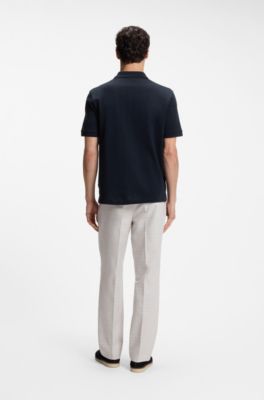 Cotton-jacquard polo shirt with Johnny collar, Dark Blue