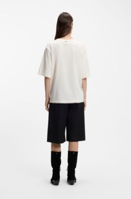 Relaxed-fit T-shirt in cotton with mesh trims, Natural