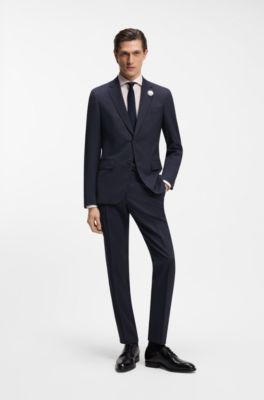 Slim-fit jacket in patterned virgin wool, Dark Blue