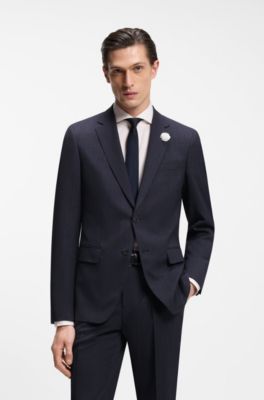 Slim-fit jacket in patterned virgin wool, Dark Blue