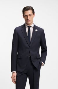 Slim-fit jacket in patterned virgin wool, Dark Blue
