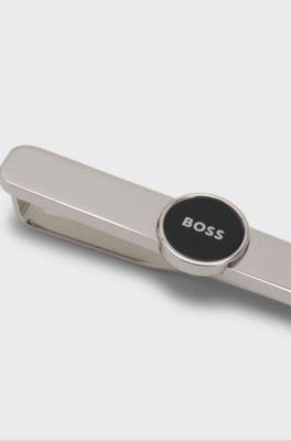 Brass tie clip with round logo detail, Black