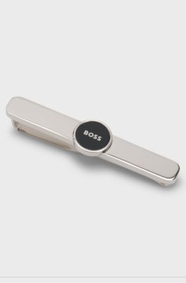 Brass tie clip with round logo detail, Black