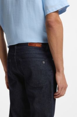 Jeans con fit affusolato in comodo denim elasticizzato blu puro, Blu scuro