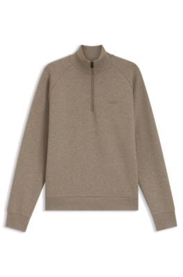 Zip-neck sweatshirt in stretch cotton, Light Brown