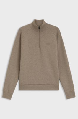 Zip-neck sweatshirt in stretch cotton, Light Brown