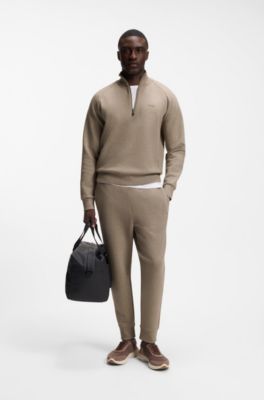 Zip-neck sweatshirt in stretch cotton, Light Brown