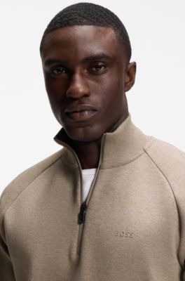 Zip-neck sweatshirt in stretch cotton, Light Brown