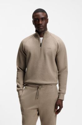 Zip-neck sweatshirt in stretch cotton, Light Brown