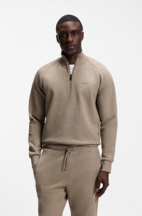 Zip-neck sweatshirt in stretch cotton, Light Brown