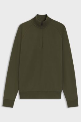 Zip-neck sweatshirt in stretch cotton, Olive