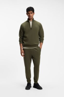 Zip-neck sweatshirt in stretch cotton, Olive