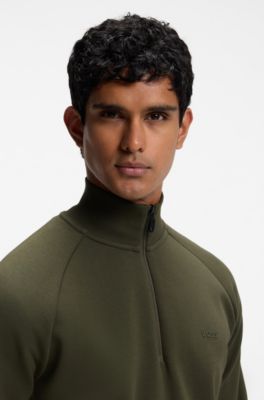 Zip-neck sweatshirt in stretch cotton, Olive