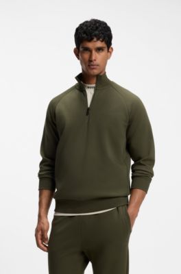 Zip-neck sweatshirt in stretch cotton, Olive