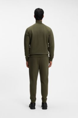Zip-neck sweatshirt in stretch cotton, Olive