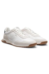 Mixed-material trainers with textured fabric, White