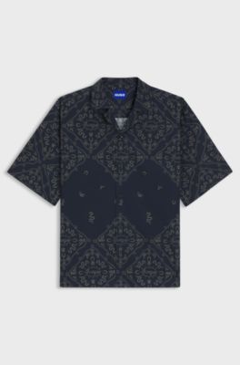 Relaxed-fit shirt in printed cotton poplin, Blue Patterned