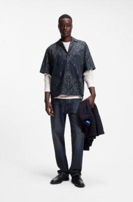 Relaxed-fit shirt in printed cotton poplin, Blue Patterned