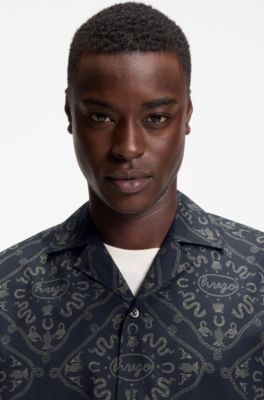Relaxed-fit shirt in printed cotton poplin, Blue Patterned