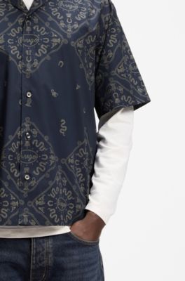 Relaxed-fit shirt in printed cotton poplin, Blue Patterned