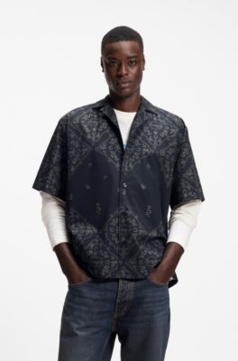 Relaxed-fit shirt in printed cotton poplin, Blue Patterned