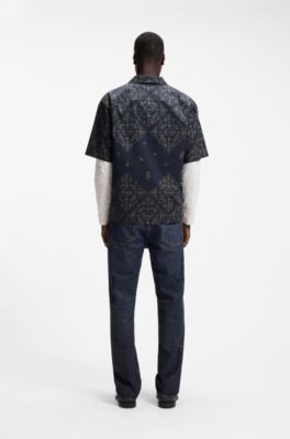Relaxed-fit shirt in printed cotton poplin, Blue Patterned