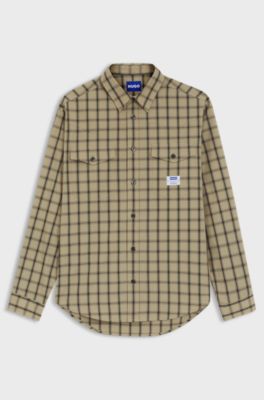 Oversized-fit shirt in checked cotton poplin, Beige Patterned