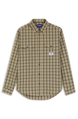 Hugo Uomo Beige A Motivi Camicia Oversize In Popeline Di Cotone A Quadri
