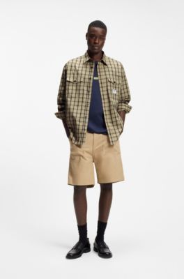 Oversized-fit shirt in checked cotton poplin, Beige Patterned
