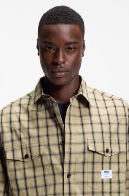 Oversized-fit shirt in checked cotton poplin, Beige Patterned
