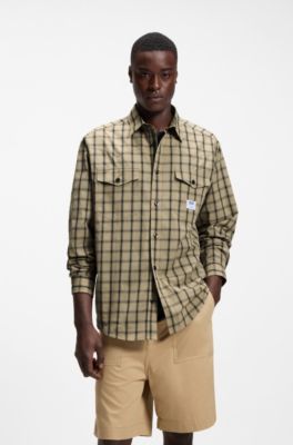Oversized-fit shirt in checked cotton poplin, Beige Patterned